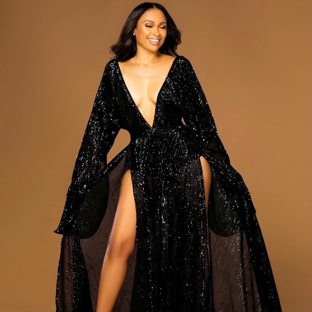 Abyss By Abby Black Sequin Plunging Split Prom Gown